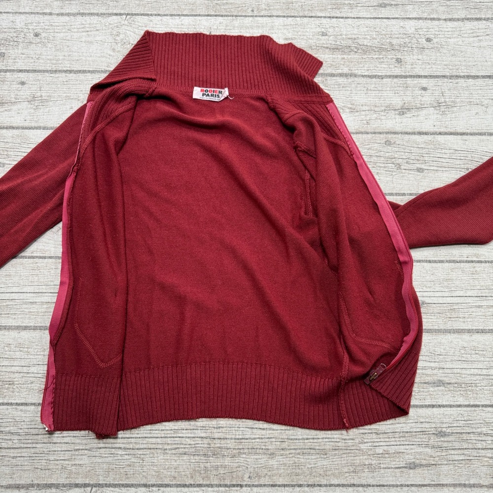 Vintage Rodier Paris Sweater Women's XS Burgundy Zip Up Mockneck Knit Cardigan - Picture 3 of 6
